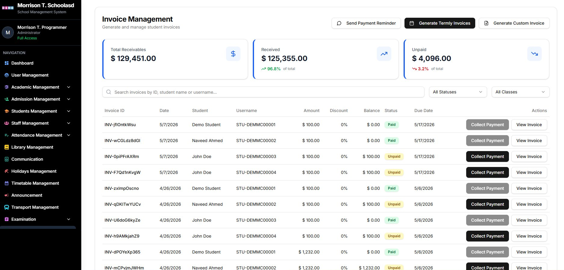 Arkos online school system — invoice management view